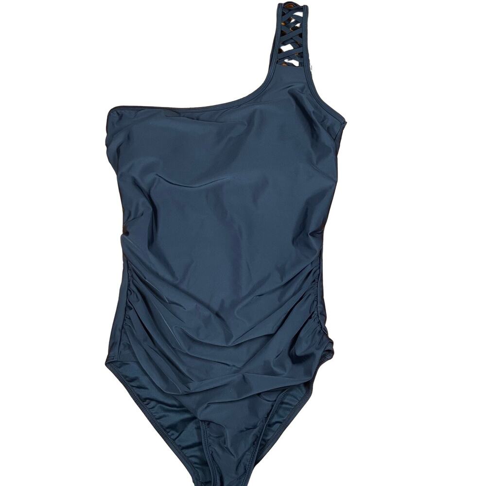 Smismivo One Shoulder Swimsuit Womens Size L Ruched One Piece Criss Cross Black